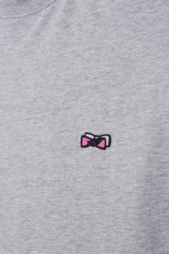 Regular grey long-sleeved cotton T-shirt with striped bow tie embroidery