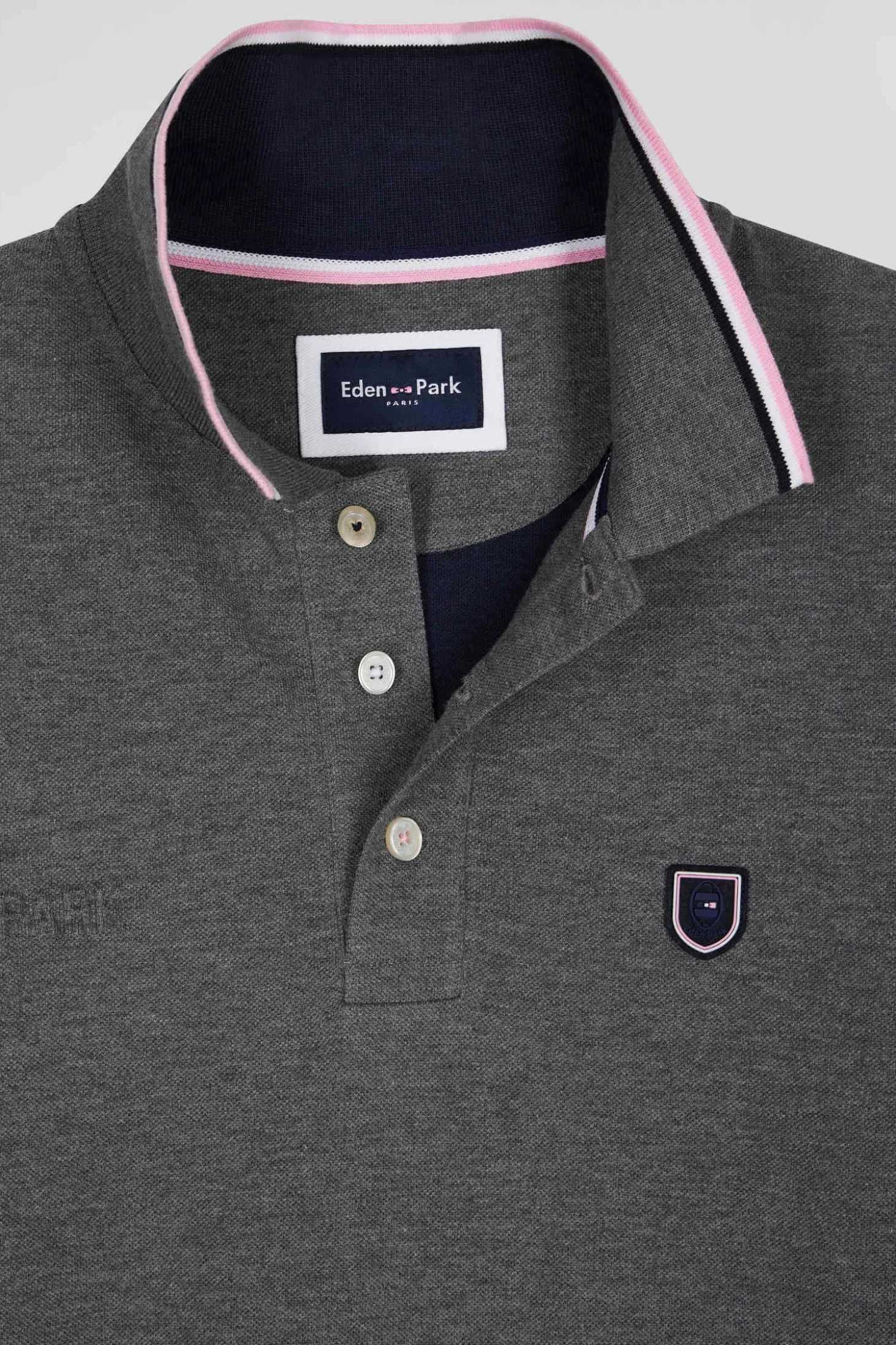 Regular grey long-sleeved cotton piqué polo shirt with tricolor details