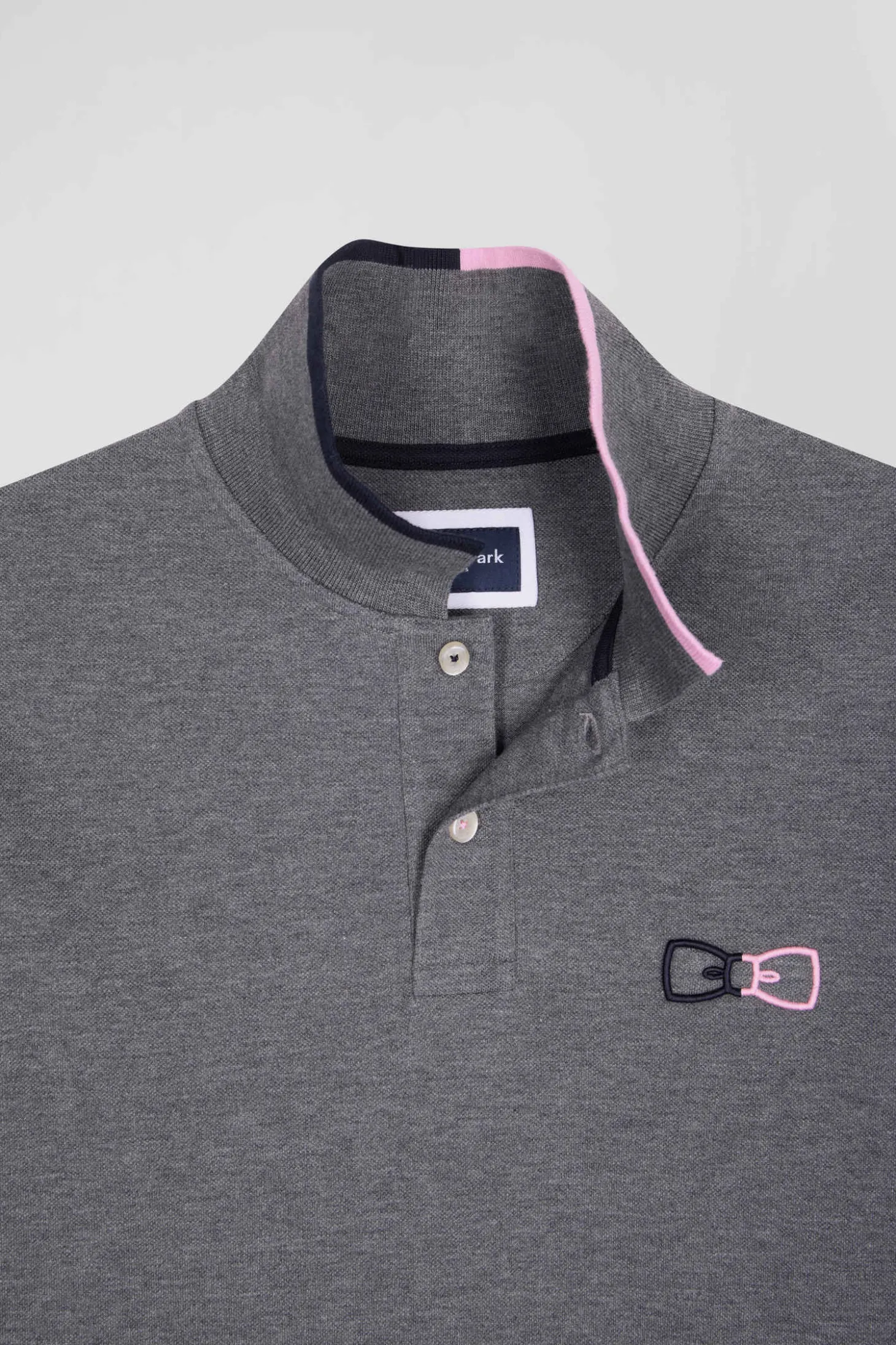 Regular grey long-sleeved cotton piqué polo shirt with pink details