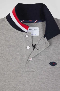 Regular grey long-sleeved cotton piqué polo shirt with XV de France embroidery