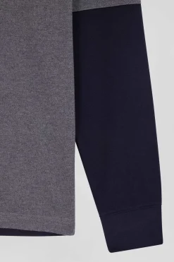 Regular grey long-sleeved cotton rugby shirt with tie fabric patchwork