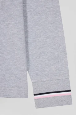 Regular grey long-sleeved cotton piqué polo shirt with rubber badge