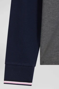 Regular grey long-sleeved cotton piqué polo shirt with jacquard collar and rubber badge