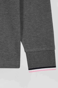 Regular grey long-sleeved cotton piqué polo shirt with tricolor details