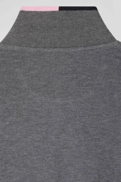 Regular grey long-sleeved cotton piqué polo shirt with pink details
