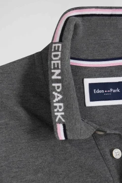 Regular grey long-sleeved cotton piqué polo shirt with jacquard collar and rubber badge