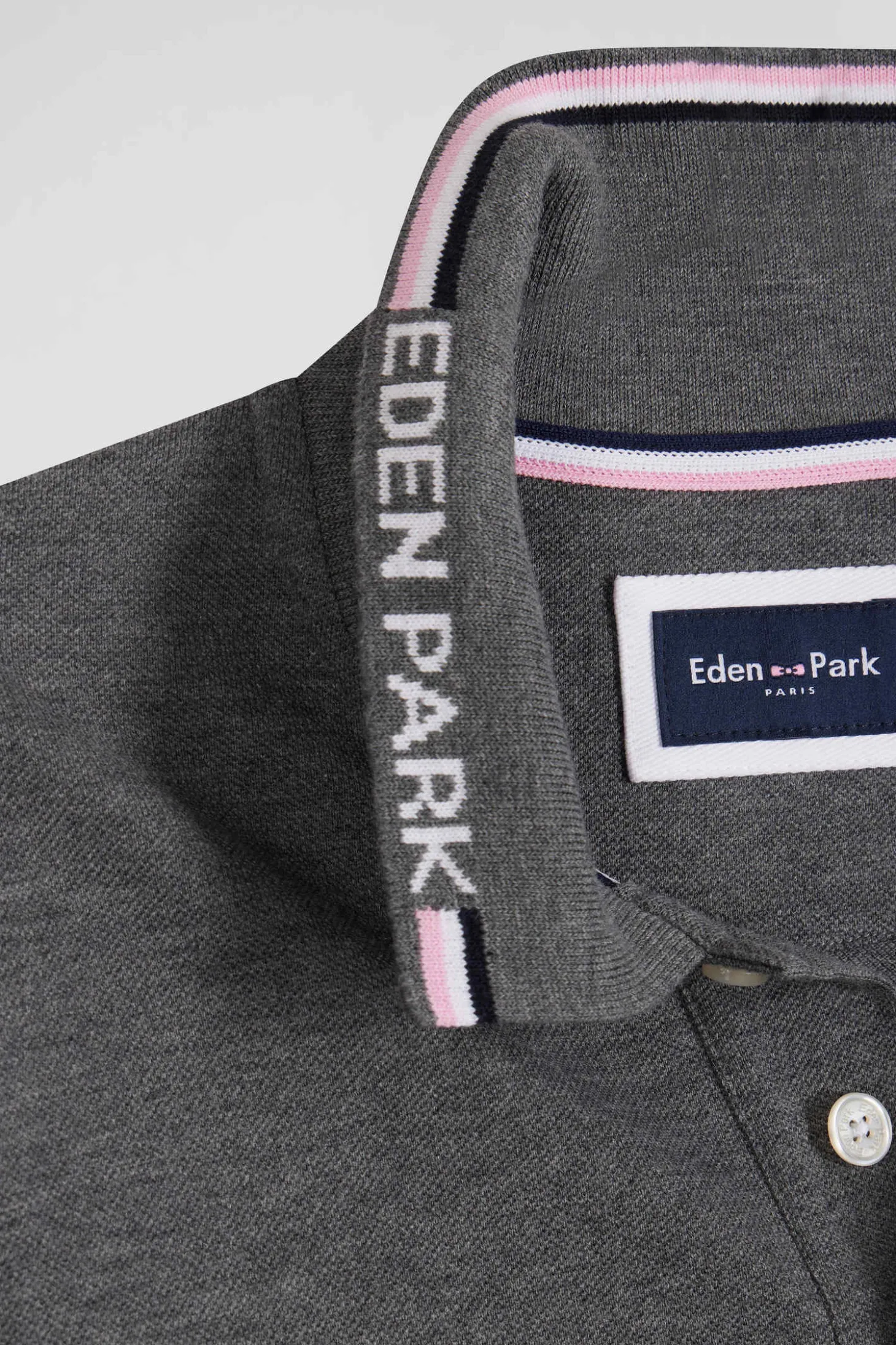 Regular grey long-sleeved cotton piqué polo shirt with jacquard collar and rubber badge