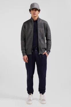 Regular grey plain cotton zipped cardigan with knit patterns