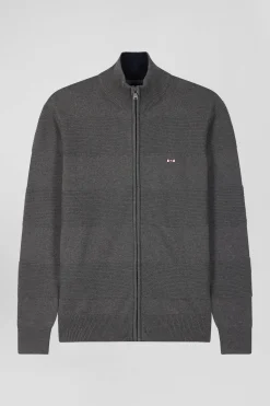 Regular grey plain cotton zipped cardigan with knit patterns