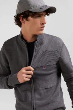 Regular grey plain cotton zipped cardigan with knit patterns