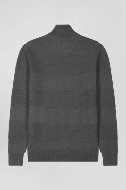 Regular grey plain cotton zipped cardigan with knit patterns