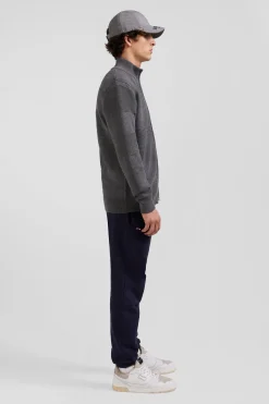 Regular grey plain cotton zipped cardigan with knit patterns