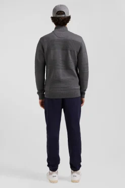 Regular grey plain cotton zipped cardigan with knit patterns