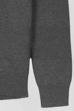 Regular grey plain cotton zipped cardigan with knit patterns