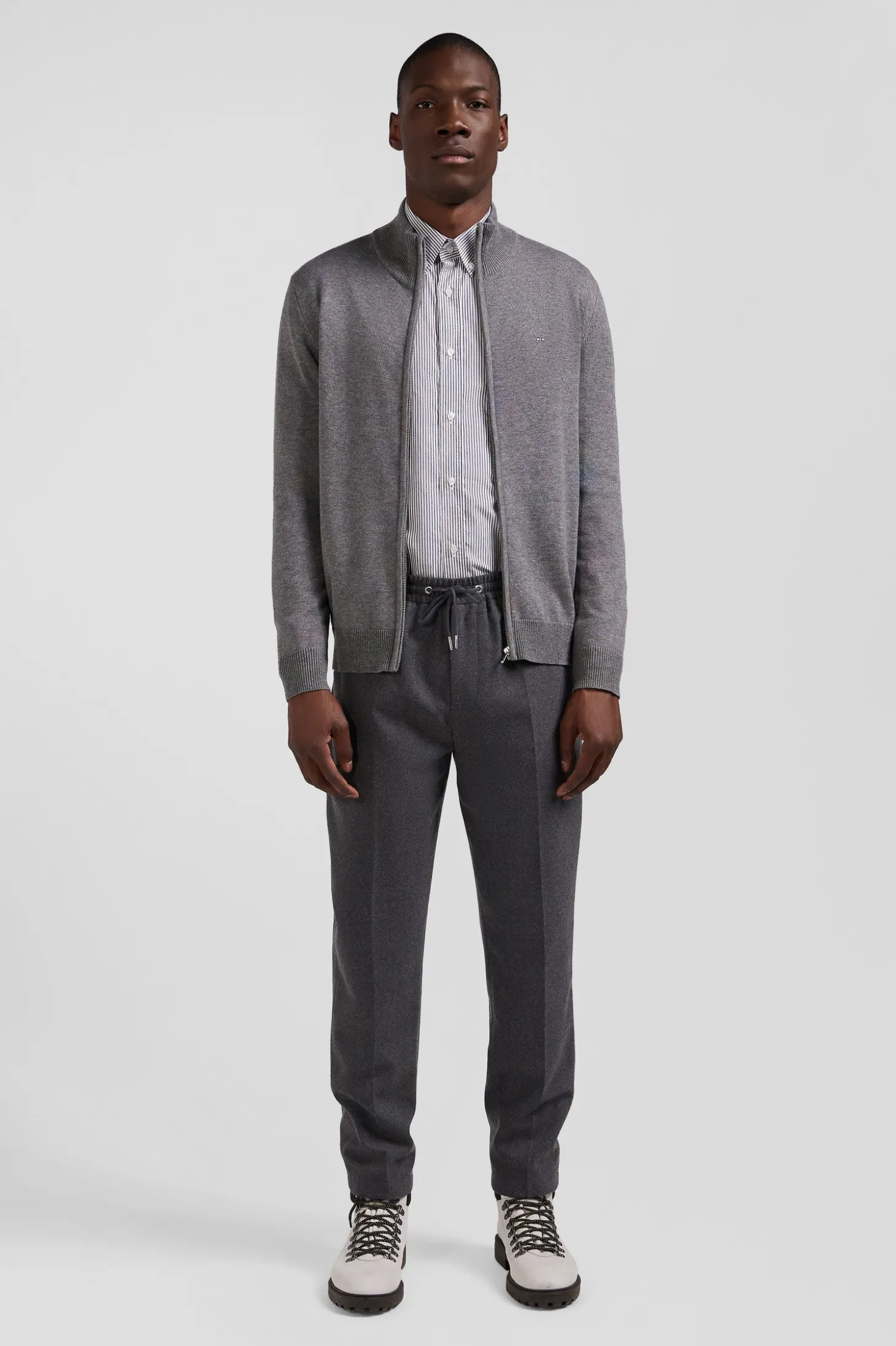 Regular grey plain wool and cotton zipped cardigan