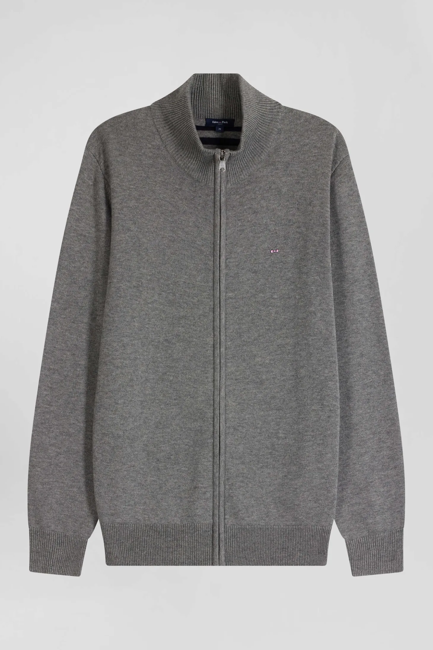 Regular grey plain wool and cotton zipped cardigan