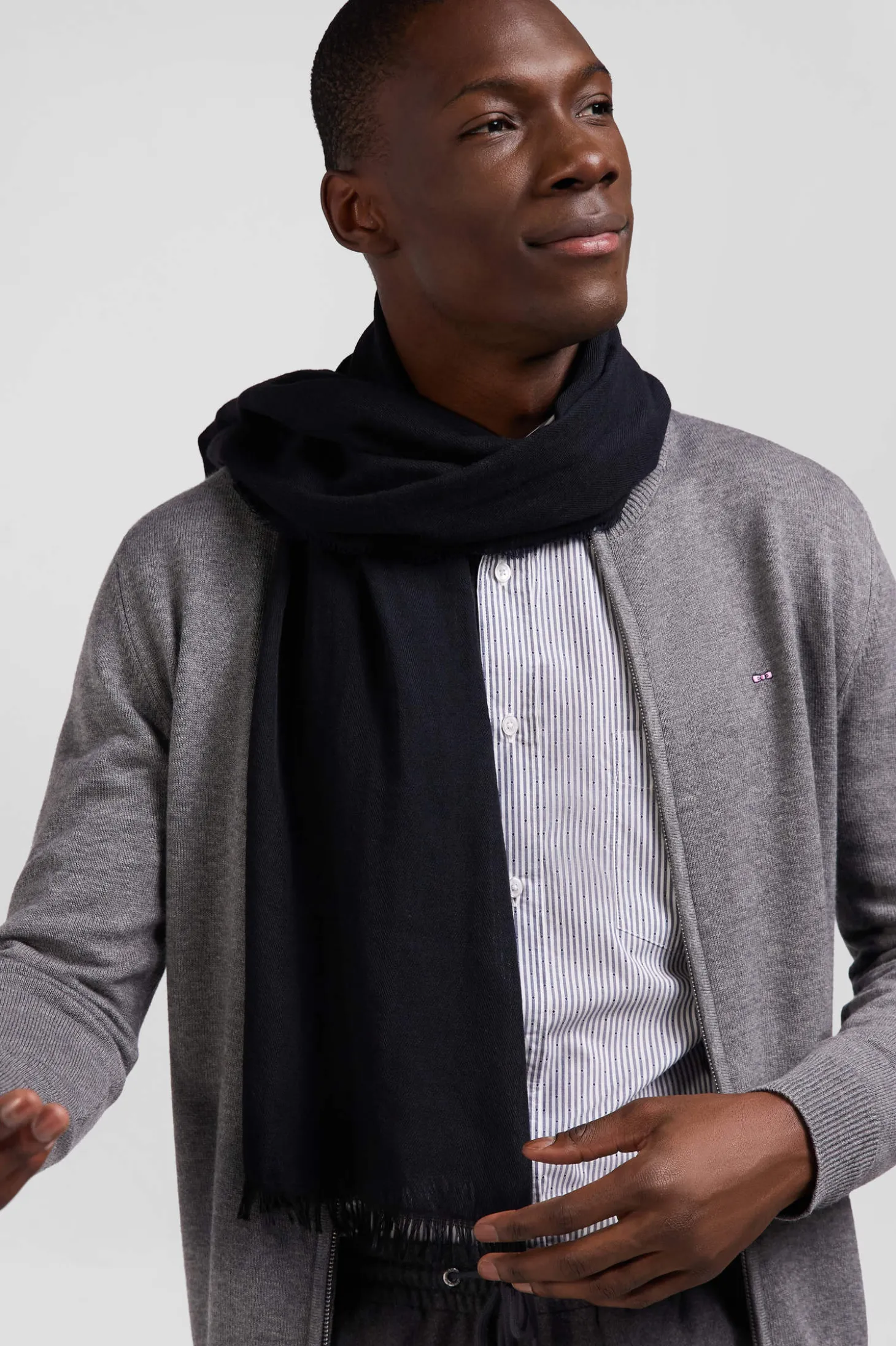 Regular grey plain wool and cotton zipped cardigan