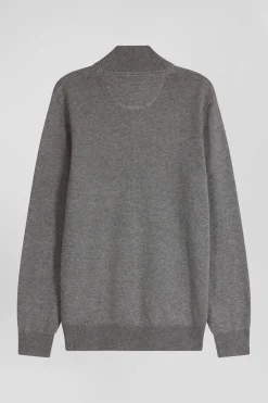 Regular grey plain wool and cotton zipped cardigan