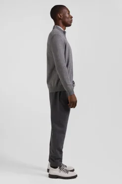 Regular grey plain wool and cotton zipped cardigan