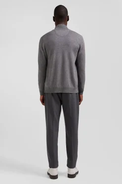 Regular grey plain wool and cotton zipped cardigan