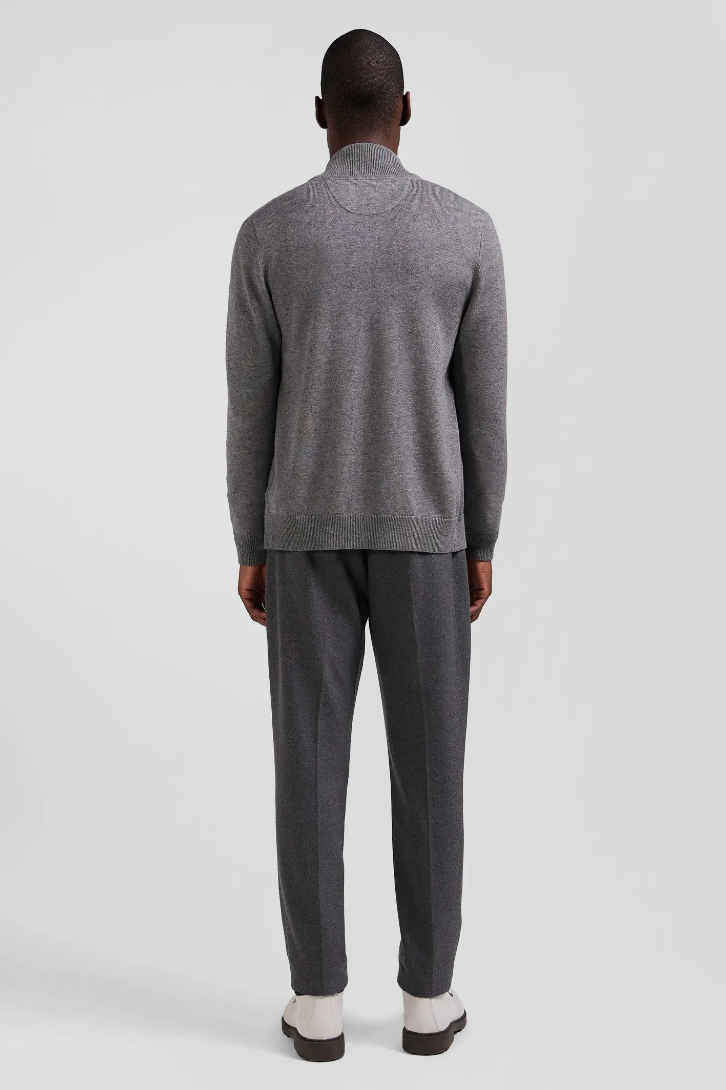 Regular grey plain wool and cotton zipped cardigan