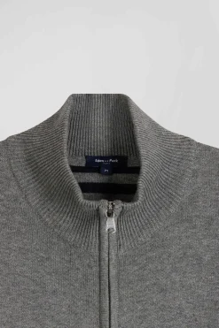 Regular grey plain wool and cotton zipped cardigan