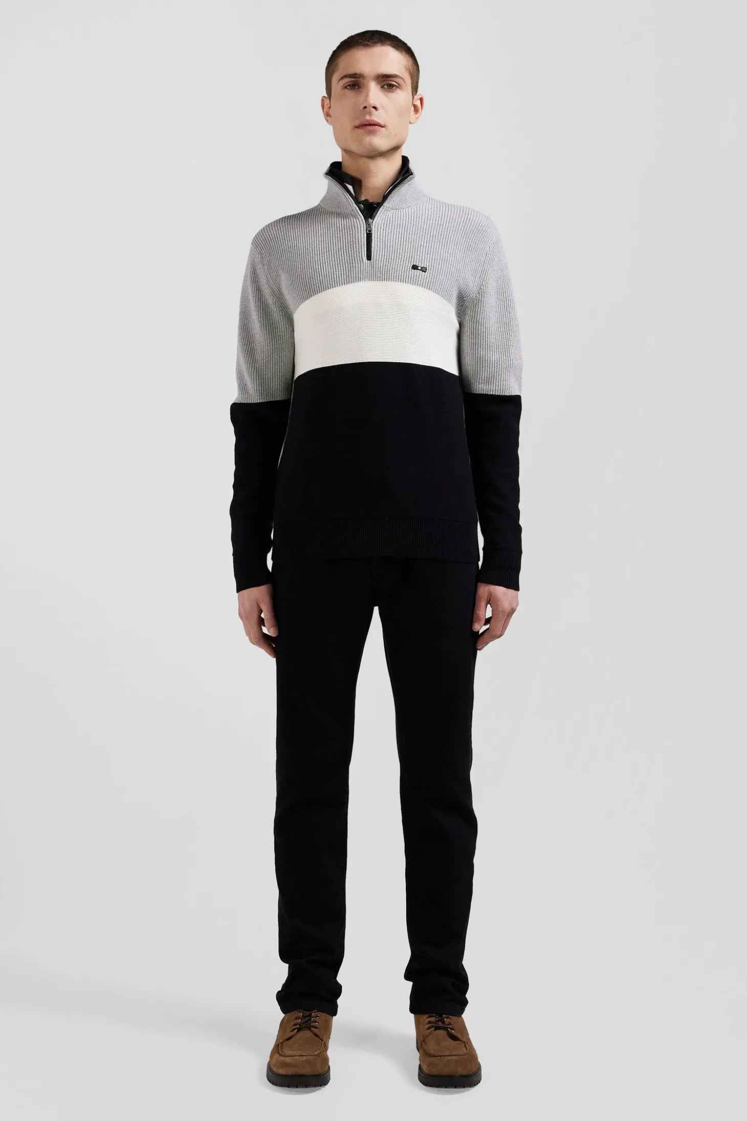 Regular grey semi-zipped cotton jumper with knit patterns