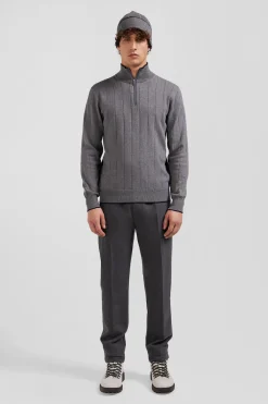 Regular grey semi-zipped cotton and cashmere jumper