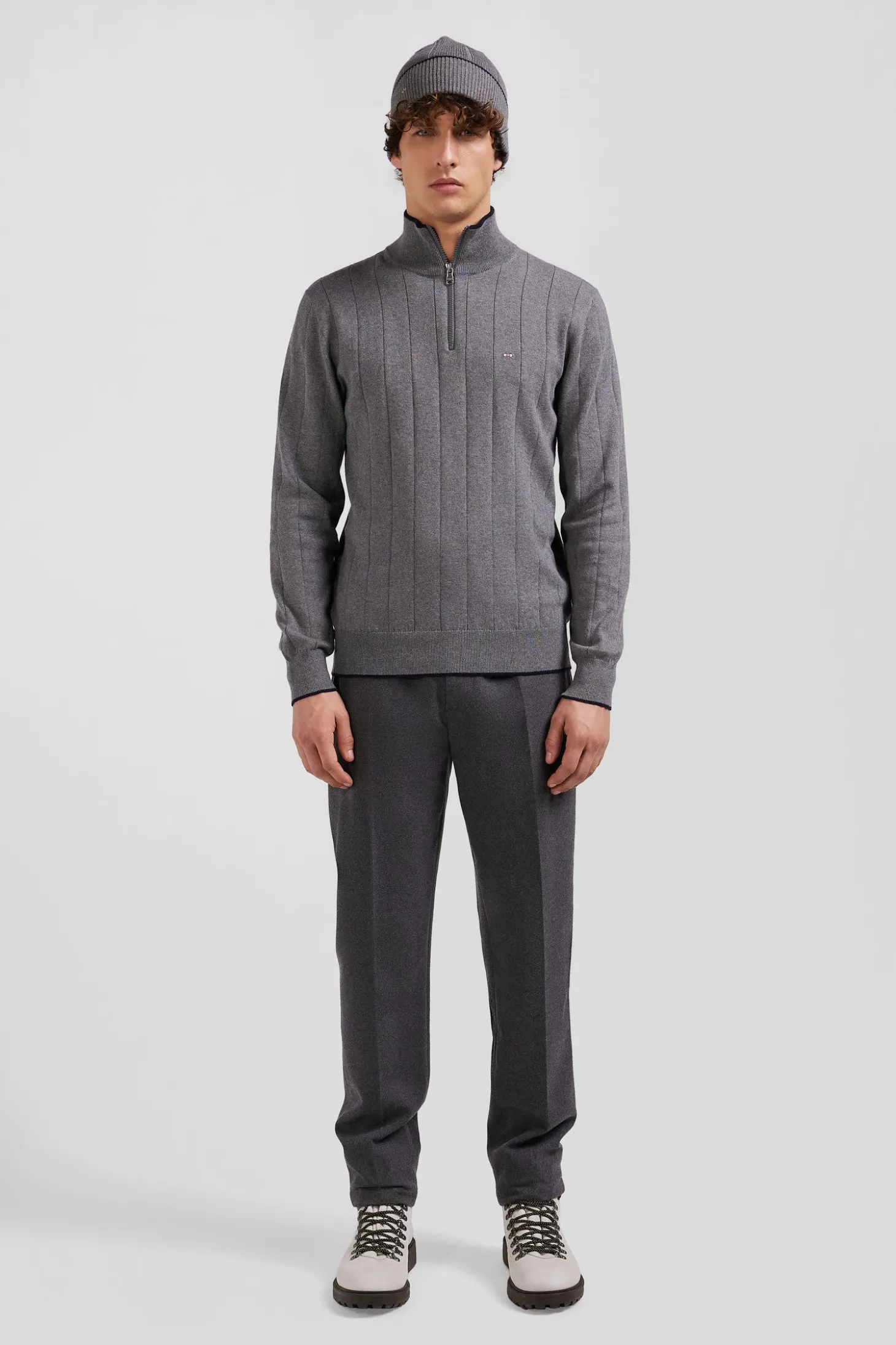 Regular grey semi-zipped cotton and cashmere jumper