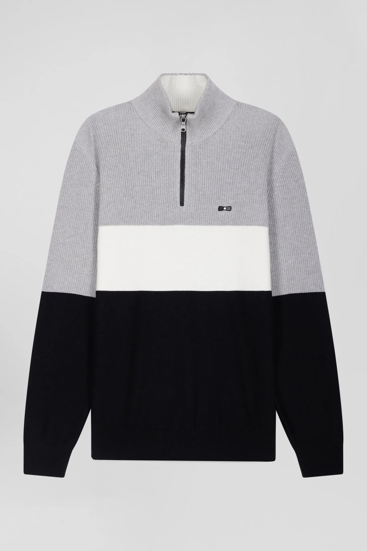 Regular grey semi-zipped cotton jumper with knit patterns