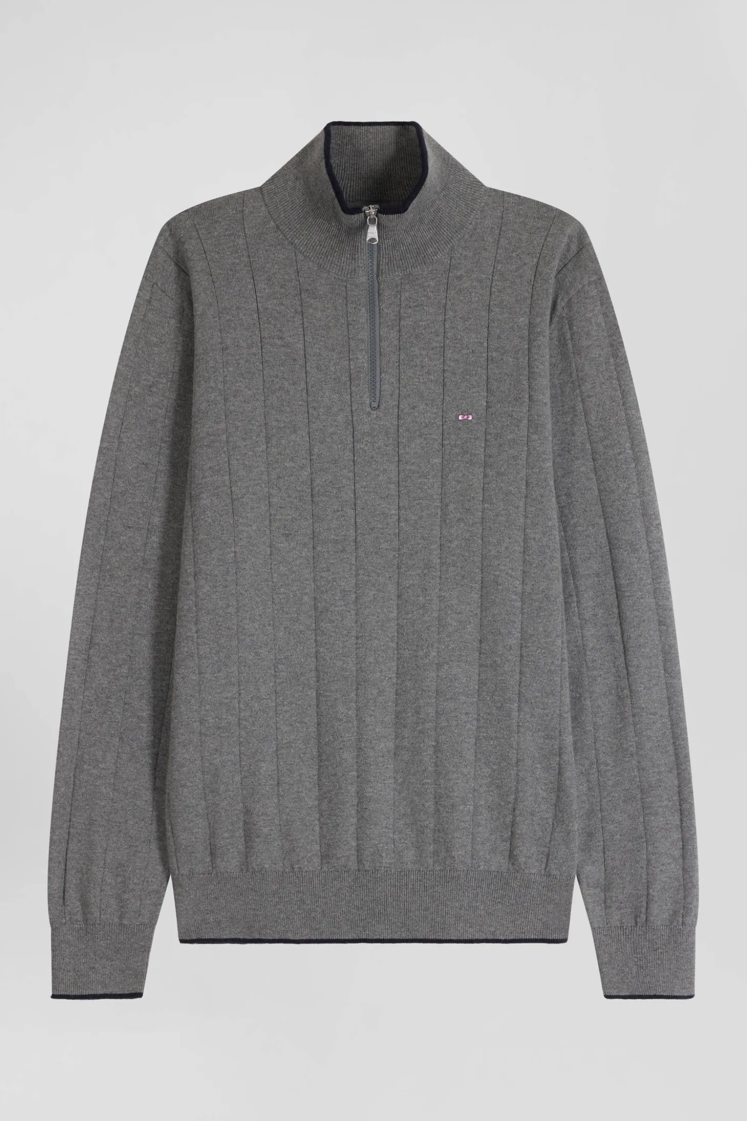 Regular grey semi-zipped cotton and cashmere jumper