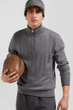 Regular grey semi-zipped cotton and cashmere jumper
