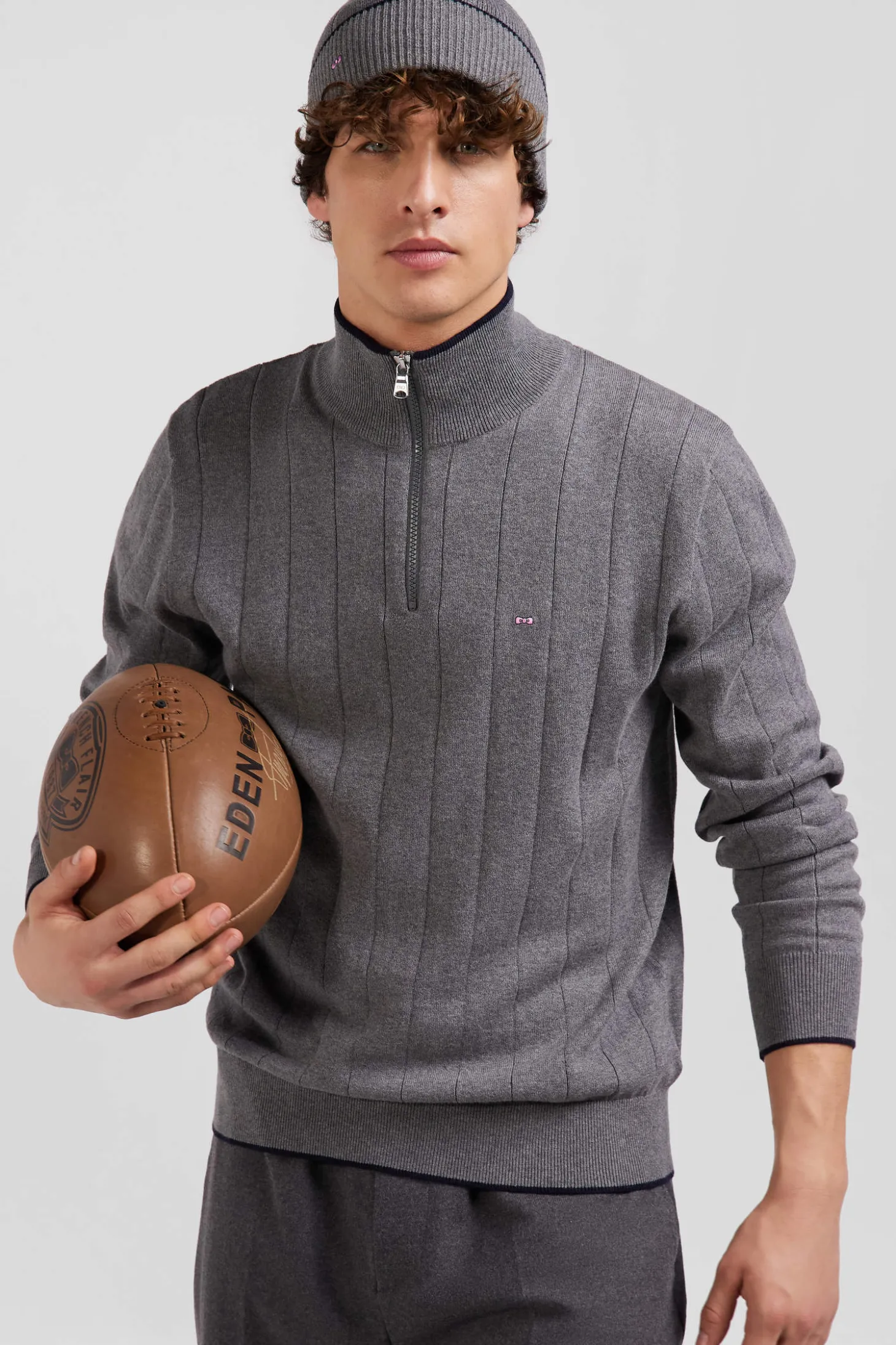 Regular grey semi-zipped cotton and cashmere jumper