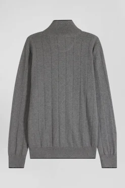 Regular grey semi-zipped cotton and cashmere jumper
