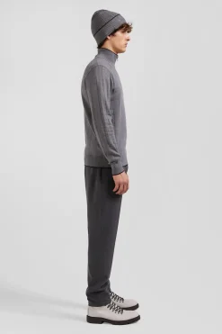 Regular grey semi-zipped cotton and cashmere jumper