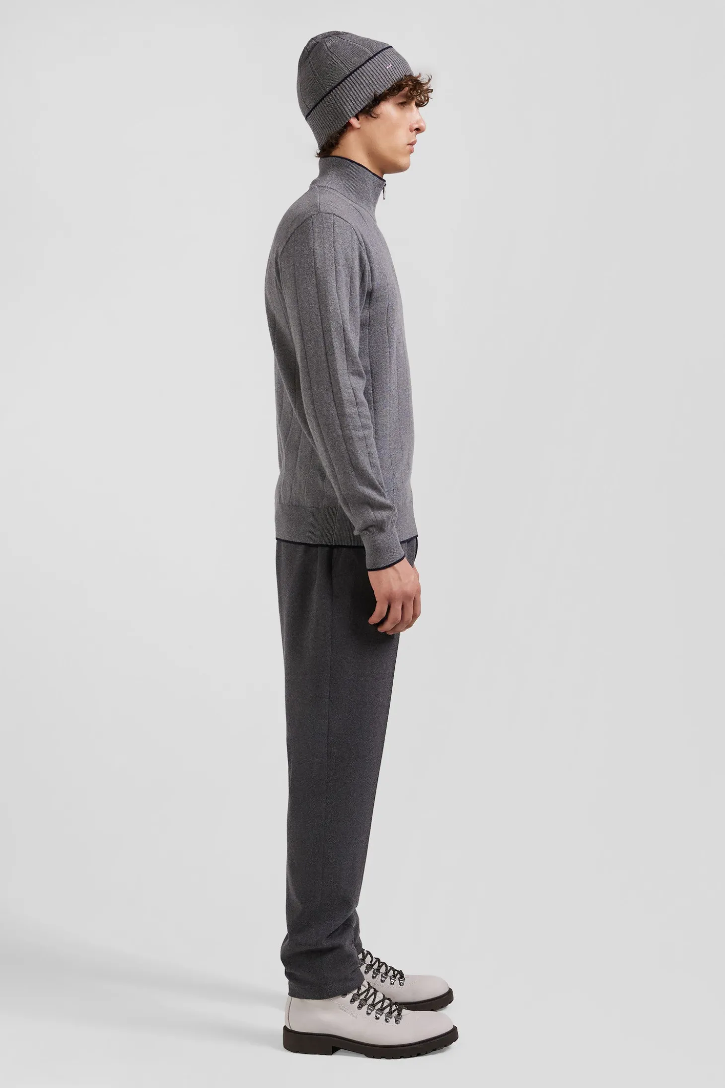 Regular grey semi-zipped cotton and cashmere jumper