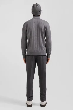 Regular grey semi-zipped cotton and cashmere jumper