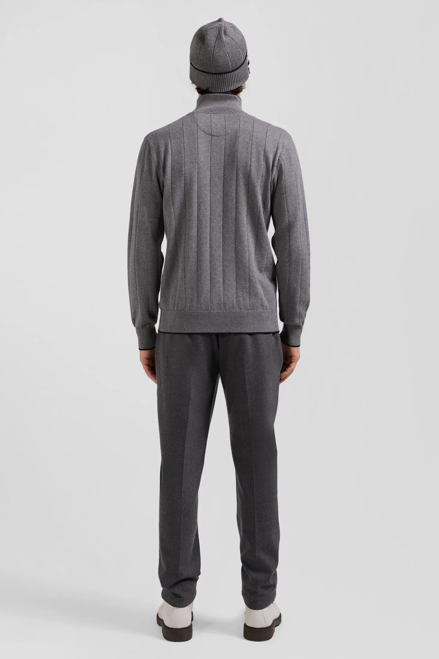 Regular grey semi-zipped cotton and cashmere jumper