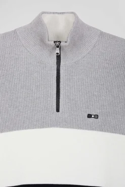 Regular grey semi-zipped cotton jumper with knit patterns