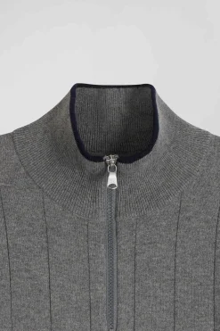 Regular grey semi-zipped cotton and cashmere jumper
