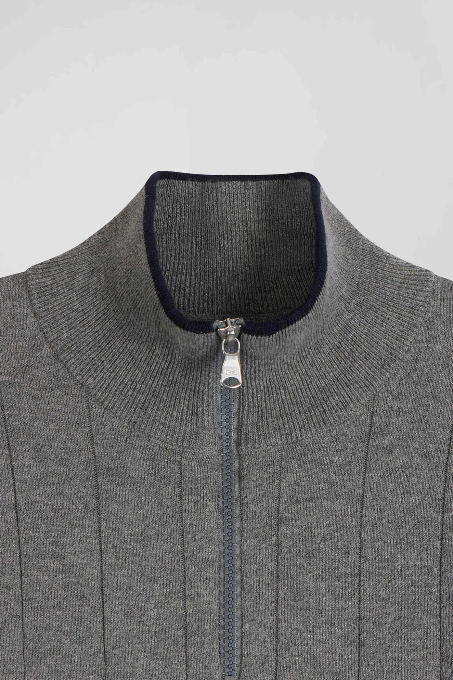 Regular grey semi-zipped cotton and cashmere jumper