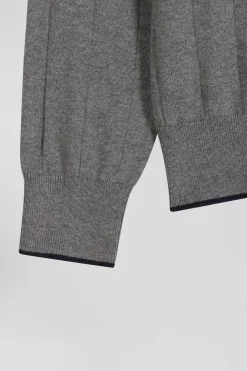 Regular grey semi-zipped cotton and cashmere jumper