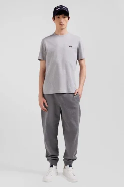 Regular grey short-sleeved cotton T-shirt with back embroidery