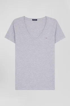 Regular grey short-sleeved V-neck cotton T-shirt
