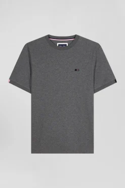 Regular grey short-sleeved cotton T-shirt with emblem embroidery