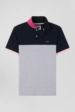 Regular grey short-sleeved cotton piqué polo shirt with bow tie embroidery and contrasting details