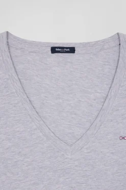Regular grey short-sleeved V-neck cotton T-shirt