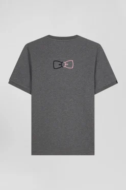 Regular grey short-sleeved cotton T-shirt with emblem embroidery