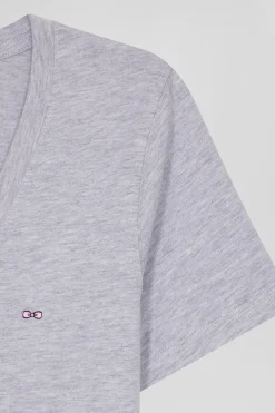 Regular grey short-sleeved V-neck cotton T-shirt