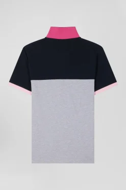 Regular grey short-sleeved cotton piqué polo shirt with bow tie embroidery and contrasting details